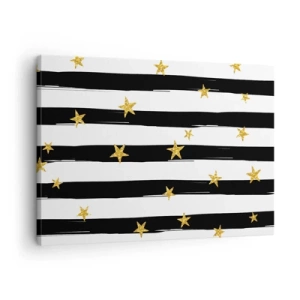 Quadro em tela - Listras pretas e brancas com estrelas douradas - 70x50cm - Todos nós nascemos sob uma estrela da sorte - Decoração de parede moderna para a sala de estar e quarto ARTTOR