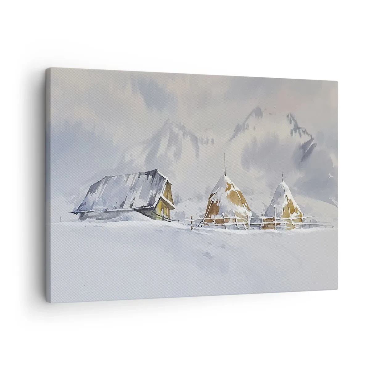 Quadro em tela - Paisagem de inverno com uma casa de campo e palheiros nas montanhas - 70x50cm - No vale nevado - Decoração de parede moderna para a sala de estar e quarto ARTTOR