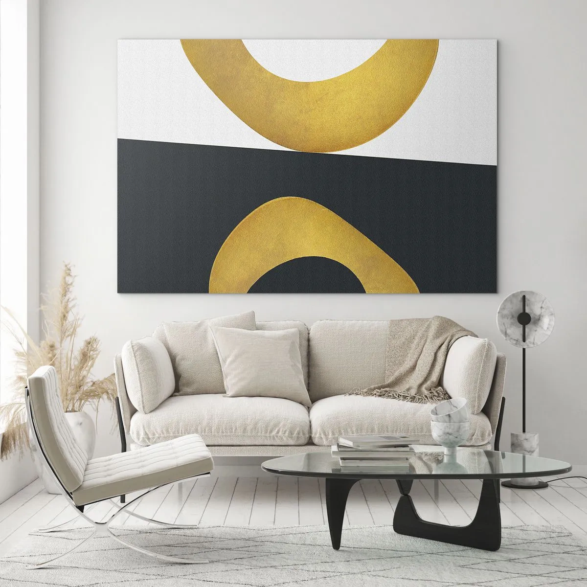 Quadro em vidro - Formas geométricas douradas sobre fundo branco e preto - 70x50cm - Primeiro: ouro - Decoração de parede moderna para a sala de estar e quarto ARTTOR