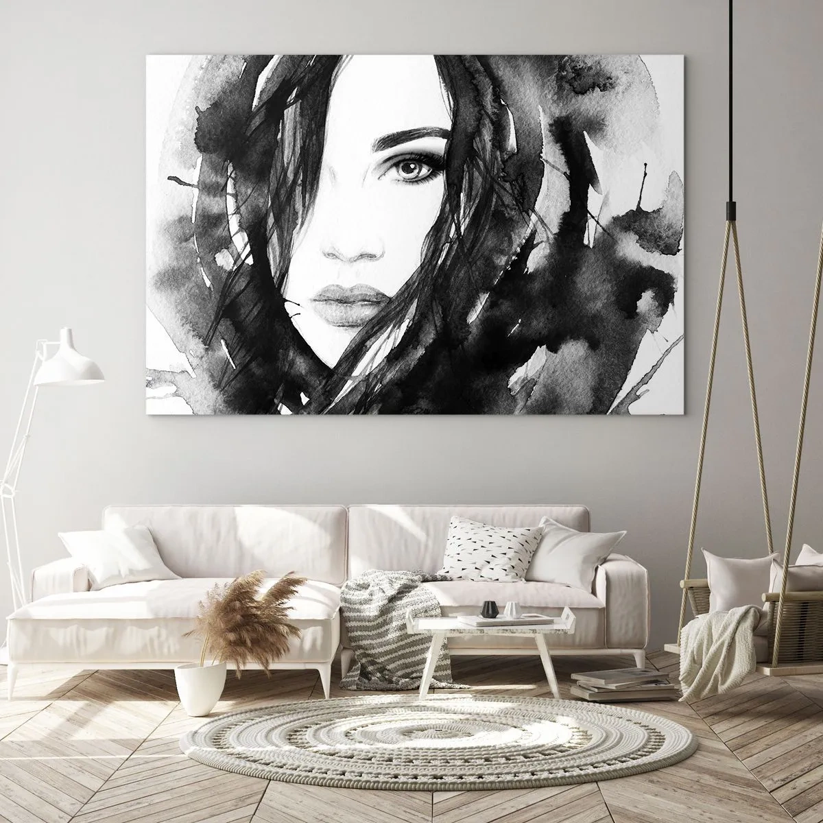 Quadro em vidro - Retratos femininos em aquarela em preto e branco - 70x50cm - Retrato de uma dama a preto e branco - Decoração de parede moderna para a sala de estar e quarto ARTTOR