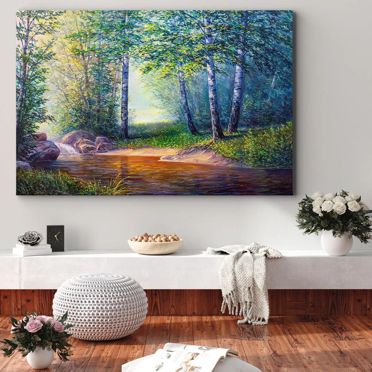 Quadro em tela - Um riacho na floresta cercado por bétulas e sol - 70x50cm - Cenário idílico - Decoração de parede moderna para a sala de estar e quarto ARTTOR
