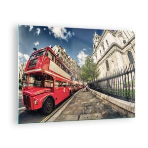 Quadro em vidro - Um ônibus vermelho de dois andares em um ambiente urbano - 70x50cm - Rua de Londres em cinza e vermelho - Decoração de parede moderna para a sala de estar e quarto ARTTOR
