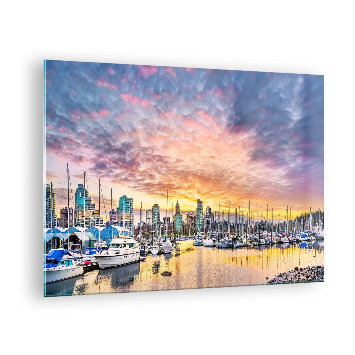 Quadro em vidro - Pôr do sol sobre a marina com barcos e arranha-céus - 70x50cm - Cidade de mil marinheiros - Decoração de parede moderna para a sala de estar e quarto ARTTOR