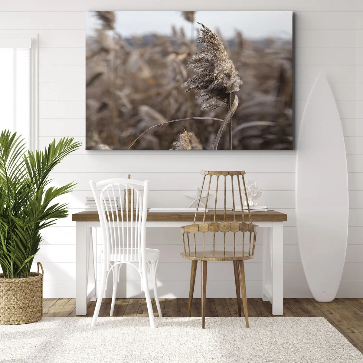 Quadro em tela - Gramíneas delicadas em tons de bege contra o fundo da natureza - 70x50cm - É hora de voar com o vento - Decoração de parede moderna para a sala de estar e quarto ARTTOR