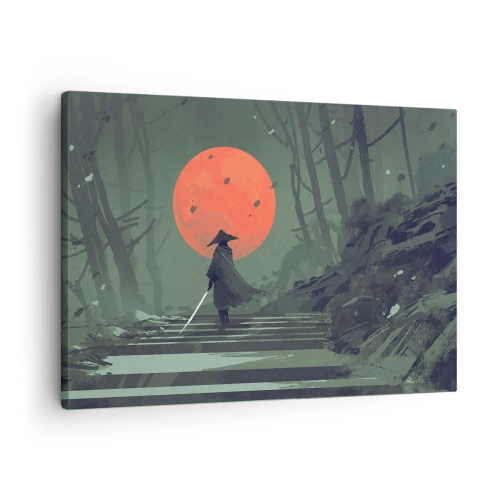 Quadro em tela - Um guerreiro solitário com uma espada tendo como pano de fundo uma lua vermelha em uma floresta escura. - 70x50cm - O guerreiro da lua vermelha - Decoração de parede moderna para a sala de estar e quarto ARTTOR
