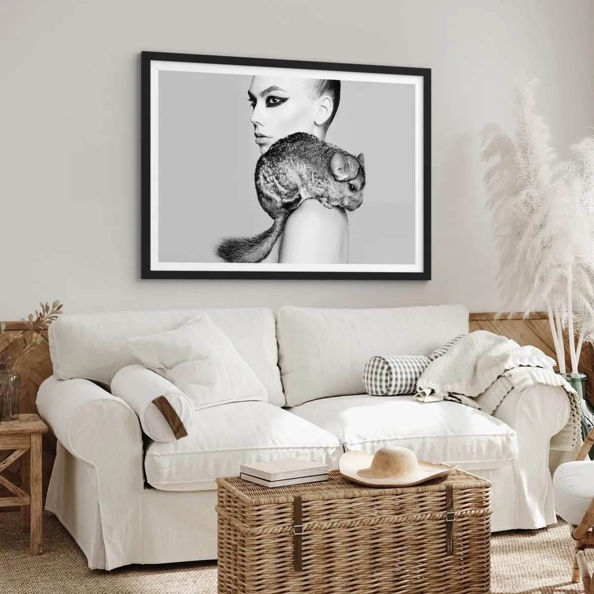 Pôster com moldura preta - A dama com a chinchila - 100x70 cm