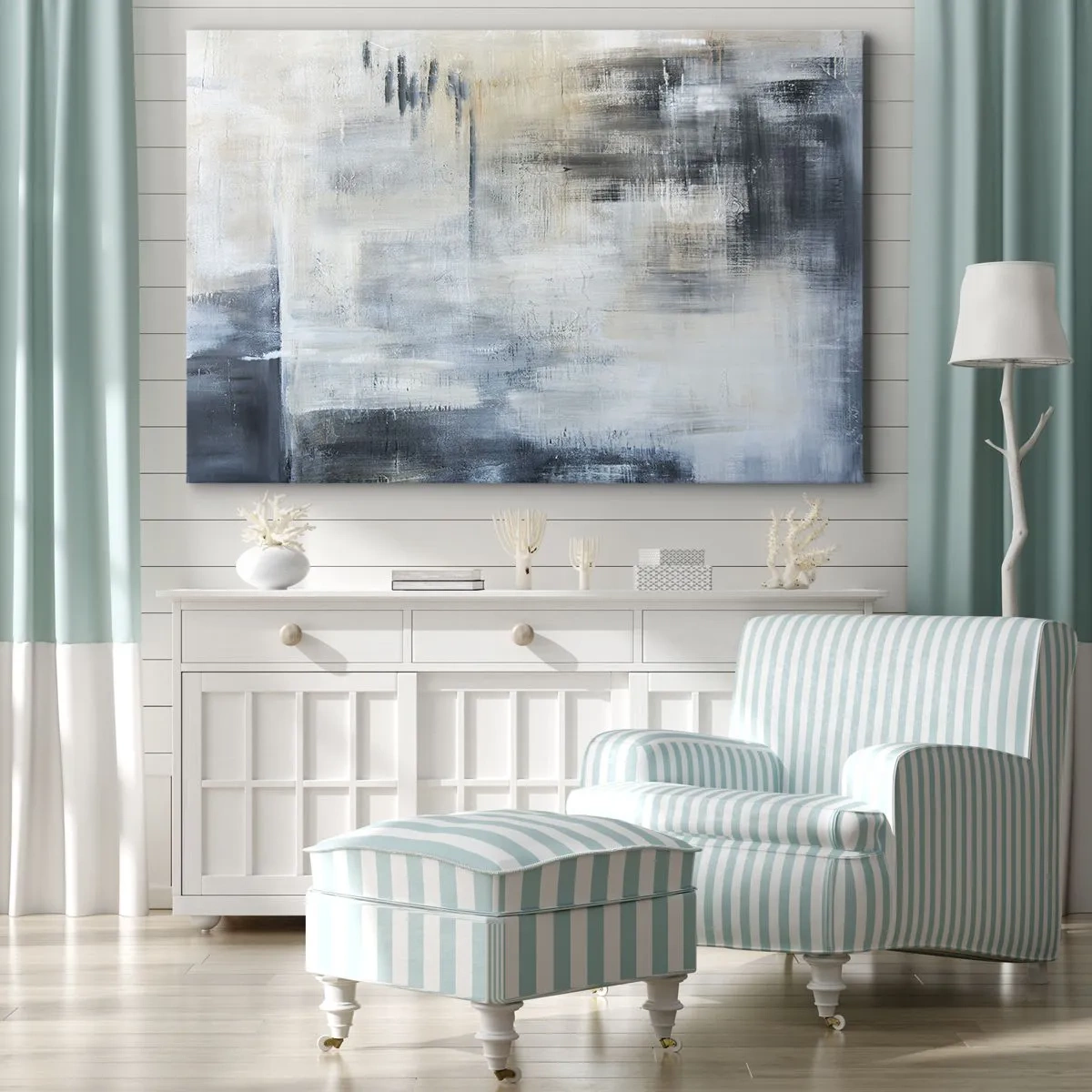 Quadro em tela - Atrás da cortina azul - 120x80 cm