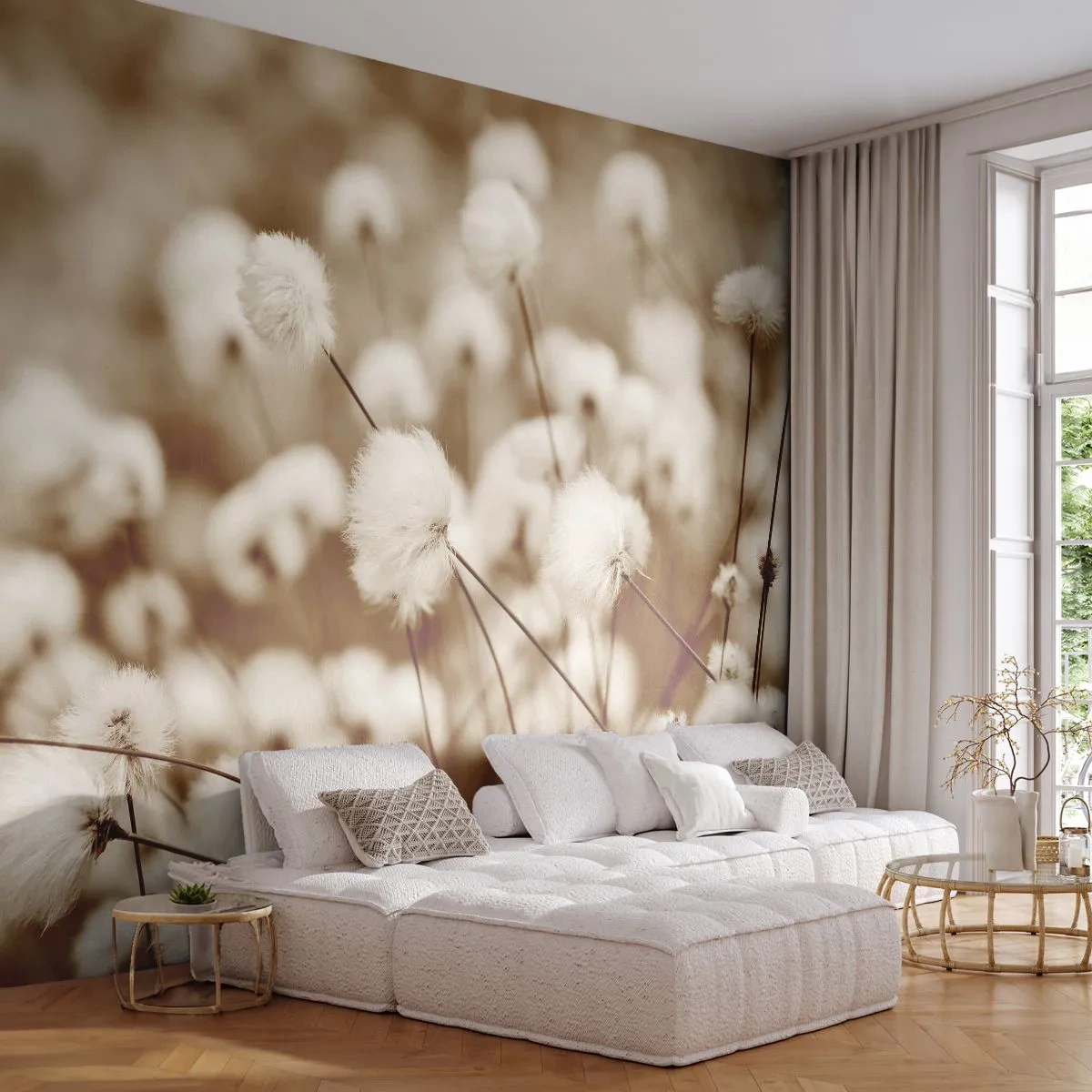 Papel de Parede Premium Sand - Campos felpudos - Flor de algodão, Flor, Galho de algodão - 100x70 cm