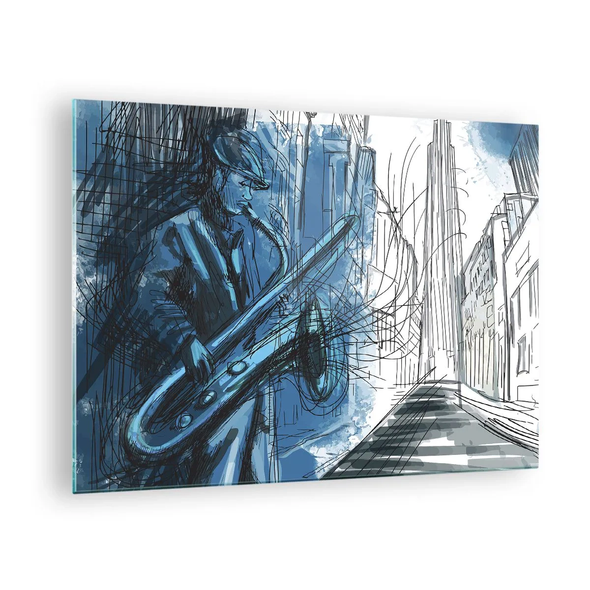 Quadro em vidro - Saxofonista de jazz em um ambiente urbano em tons de azul - 70x50cm - Rapsódia Urbana - Decoração de parede moderna para a sala de estar e quarto ARTTOR