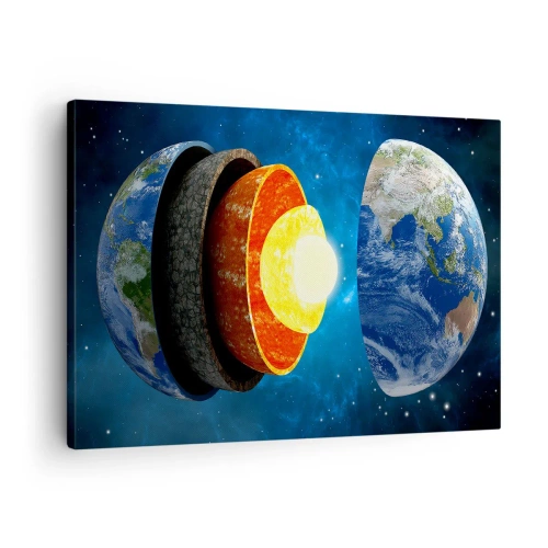 Quadro em tela - Um corte transversal da Terra mostrando suas camadas no espaço. - 70x50cm - Viagem ao centro da Terra - Decoração de parede moderna para a sala de estar e quarto ARTTOR