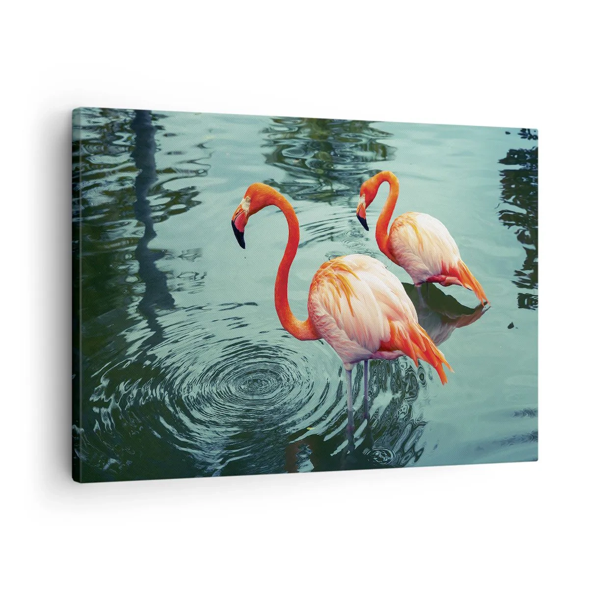 Quadro em tela - Dois flamingos na água calma refletindo o ambiente ao redor - 70x50cm - Estamos na moda agora - Decoração de parede moderna para a sala de estar e quarto ARTTOR