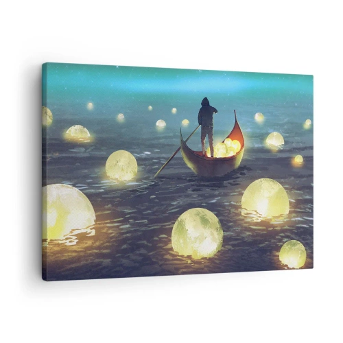 Quadro em tela - Uma figura em um barco cercada por bolas luminosas na água - 70x50cm - Coisas com as quais os filósofos nunca sonharam - Decoração de parede moderna para a sala de estar e quarto ARTTOR