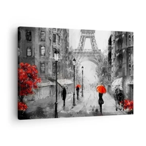 Quadro em tela - Uma rua com vista para a Torre Eiffel e guarda-chuvas vermelhos - 70x50cm - Todos os caminhos levam a ela - Decoração de parede moderna para a sala de estar e quarto ARTTOR