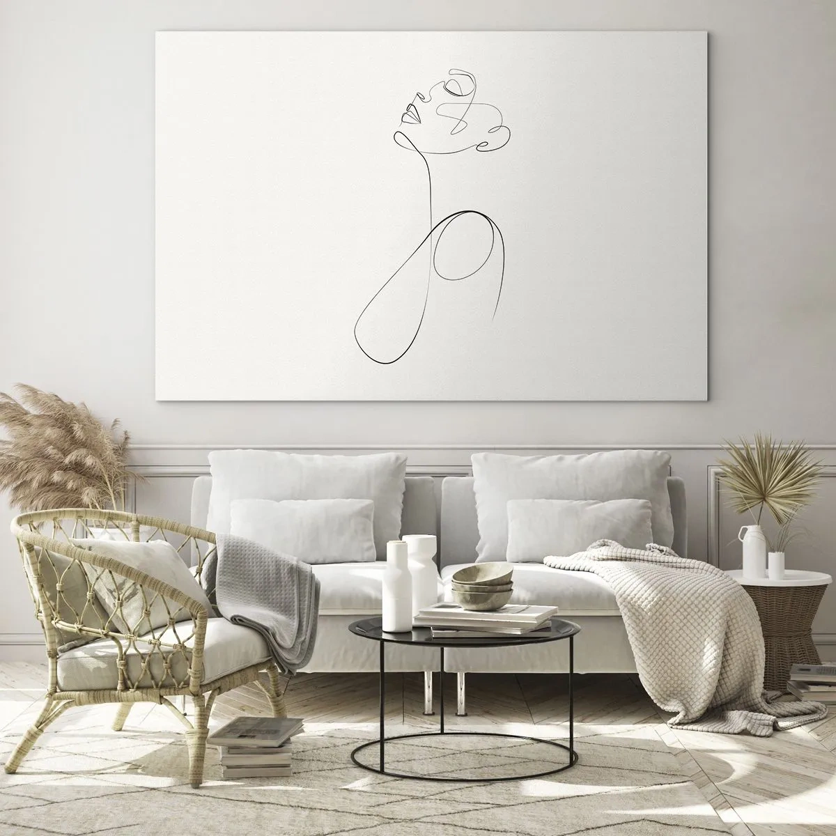 Quadro em vidro - Rosto feminino e silhueta em estilo de arte de linha em fundo branco - 70x50cm - Enrolada em sonhos - Decoração de parede moderna para a sala de estar e quarto ARTTOR