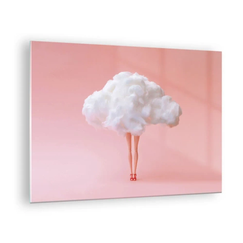 Quadro em vidro - Uma figura feminina com uma nuvem em vez de um vestido sobre um fundo rosa pastel. - 70x50cm - Doce promessa - Decoração de parede moderna para a sala de estar e quarto ARTTOR