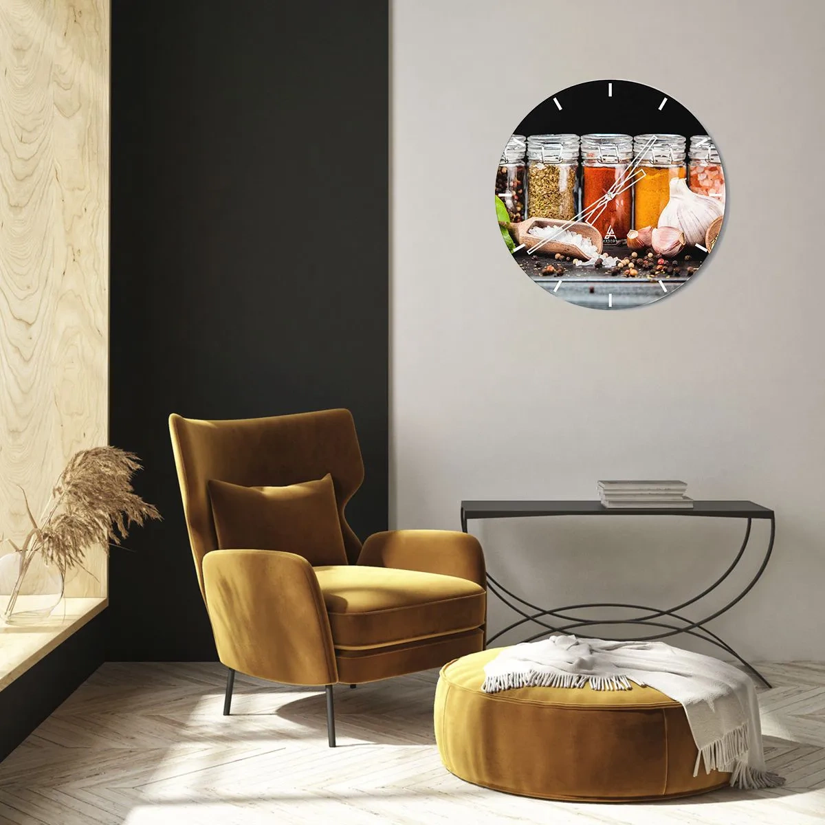 Relógio de parede - Relógio em vidro - Especiarias coloridas em potes e acessórios de cozinha - 30x30cm - Para que a vida tenha um sabor - Decoração de parede moderna para a sala de estar, cozinha e quarto ARTTOR