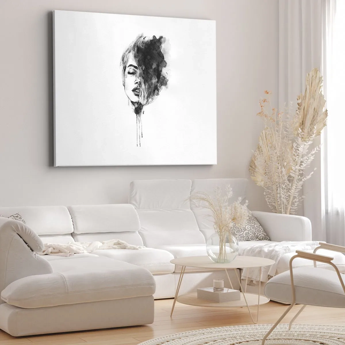 Quadro em tela - Retrato artístico de uma mulher em técnica de aquarela com detalhes abstratos - 70x50cm - O que sonha uma rapariga - Decoração de parede moderna para a sala de estar e quarto ARTTOR