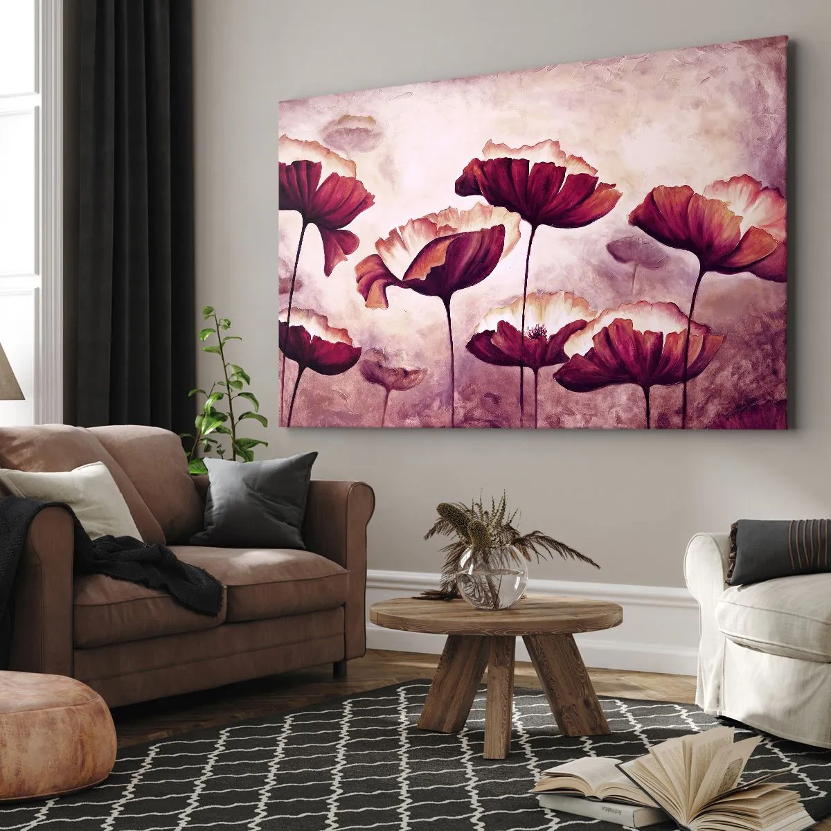 Quadro em tela - Flores em tons de vermelho e branco sobre um fundo sutil - 70x50cm - Pétala vermelha e branca - Decoração de parede moderna para a sala de estar e quarto ARTTOR