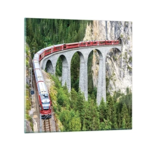 Quadro em vidro - Linha férrea com vista para a montanha - 50x50 cm