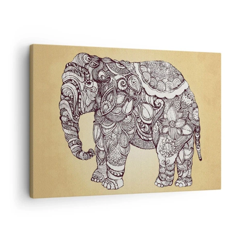 Quadro em tela - Elefante desenhado à mão com um padrão ornamentado em um fundo bege - 70x50cm - O elefante se cobriu - Decoração de parede moderna para a sala de estar e quarto ARTTOR