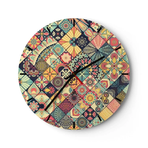 Relógio de parede - Relógio em vidro - Motivo de patchwork colorido com padrões geométricos - 30x30cm - Vibrações marroquinas - Decoração de parede moderna para a sala de estar, cozinha e quarto ARTTOR
