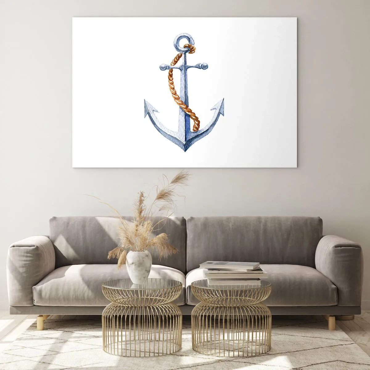 Quadro em vidro - Âncora com corda em estilo náutico - 70x50cm - Ahoy aventura! - Decoração de parede moderna para a sala de estar e quarto ARTTOR
