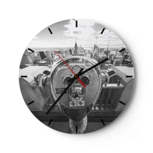Relógio de parede - Relógio em vidro - Binóculos turísticos apontados para o horizonte de Nova York - 30x30cm - A cidade das cidades - Decoração de parede moderna para a sala de estar, cozinha e quarto ARTTOR