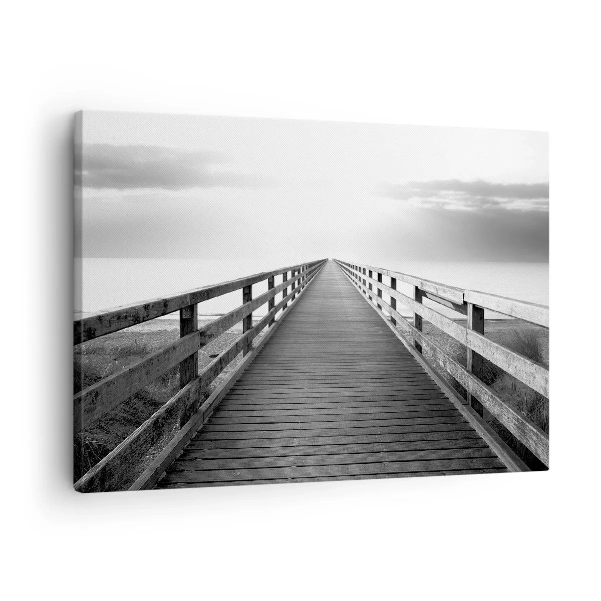 Quadro em tela - Uma imagem em preto e branco de um cais de madeira em direção ao horizonte. - 70x50cm - Para longe... - Decoração de parede moderna para a sala de estar e quarto ARTTOR