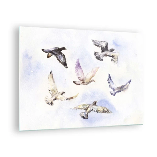 Quadro em vidro - Pássaros em voo contra um céu claro - 70x50cm - Liberdade em cinza e azul - Decoração de parede moderna para a sala de estar e quarto ARTTOR