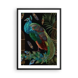 Pôster com moldura preta - Um pavão colorido contra um fundo de gaiolas douradas e folhas verdes. - 50x70cm - Em vestes reais - Decoração de parede moderna para a sala de estar e quarto ARTTOR