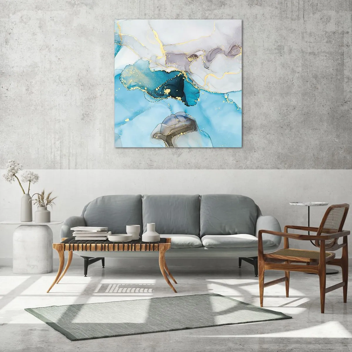 Quadro em vidro - Estudo do encontro do cinza e turquesa - 60x60 cm