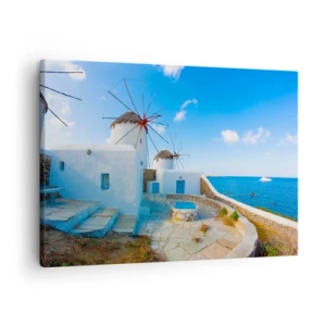 Quadro em tela - Moinhos de vento brancos nas margens do mar azul - 70x50cm - Vento azul do mar - Decoração de parede moderna para a sala de estar e quarto ARTTOR