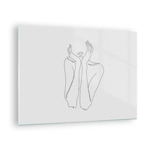 Quadro em vidro - Um desenho minimalista das mãos e do rosto de uma mulher - 70x50cm - Com o que sonham as meninas  - Decoração de parede moderna para a sala de estar e quarto ARTTOR