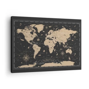 Quadro em tela - Um mapa-múndi estilizado em um fundo preto com detalhes em bege. - 70x50cm - Os limites do meu mundo - Decoração de parede moderna para a sala de estar e quarto ARTTOR
