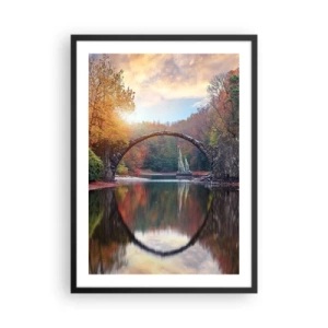 Pôster com moldura preta - Uma ponte de pedra sobre um lago em uma paisagem de outono - 50x70cm - Do outro lado do espelho - Decoração de parede moderna para a sala de estar e quarto ARTTOR