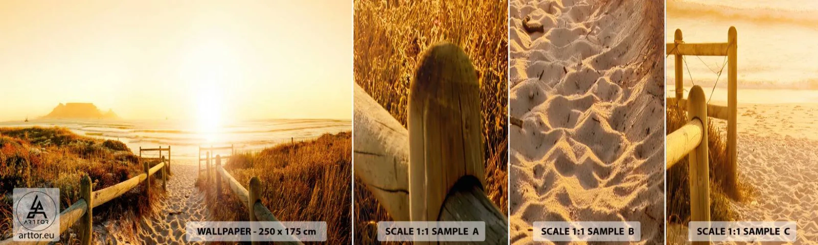 Amostra de Papel de Parede Standard Eco - Pelaa duna, em direção ao sol - Paisagem, Praia, Pôr do sol - 100x30 cm