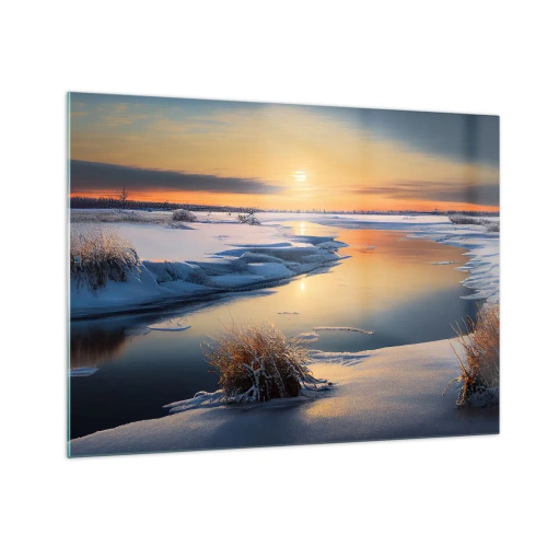 Quadro em vidro - Paisagem de inverno com pôr do sol sobre um rio congelado - 70x50cm - Pôr do sol de inverno - Decoração de parede moderna para a sala de estar e quarto ARTTOR