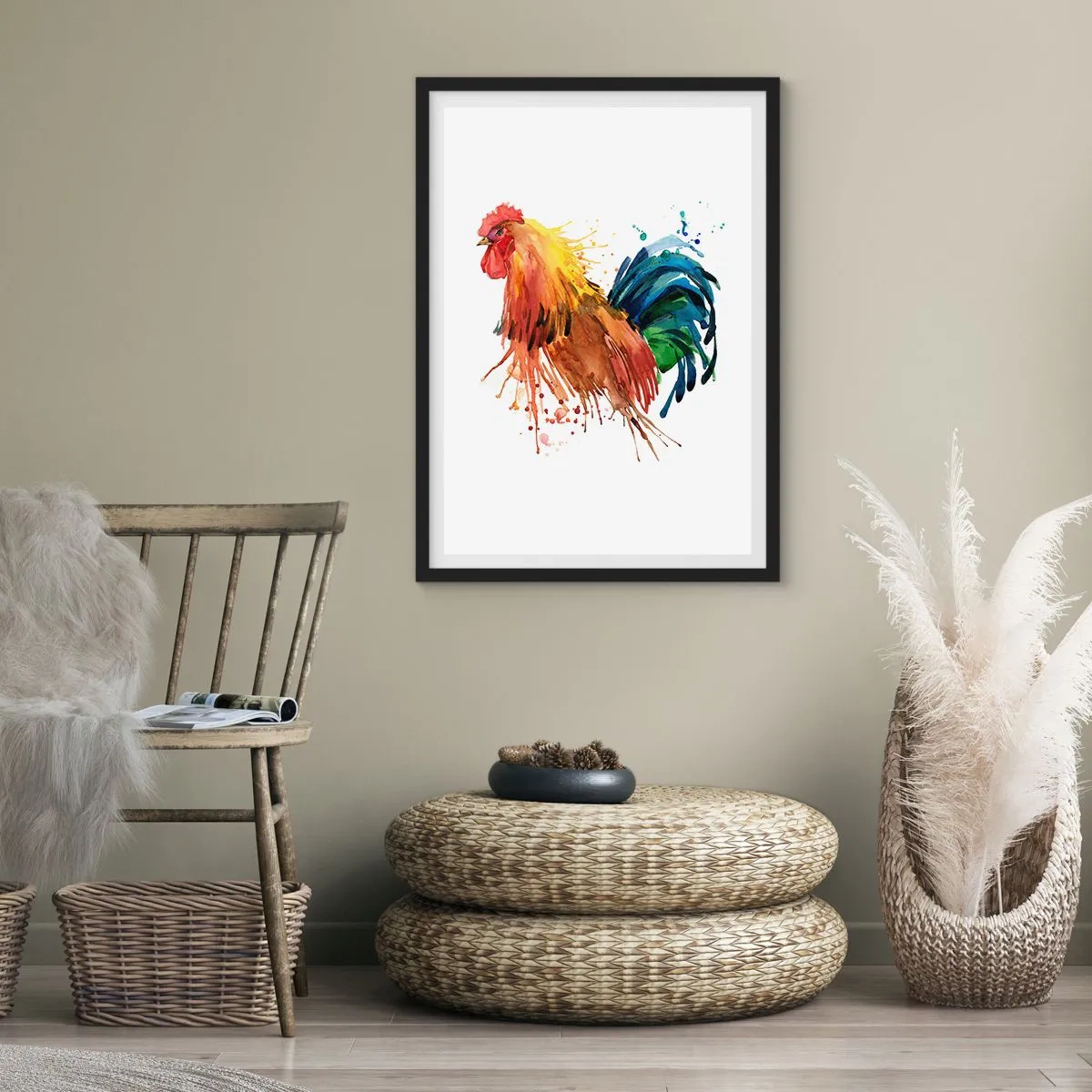 Pôster com moldura preta - Galo colorido em estilo aquarela - 50x70cm - Manto real, orgulho real - Decoração de parede moderna para a sala de estar e quarto ARTTOR