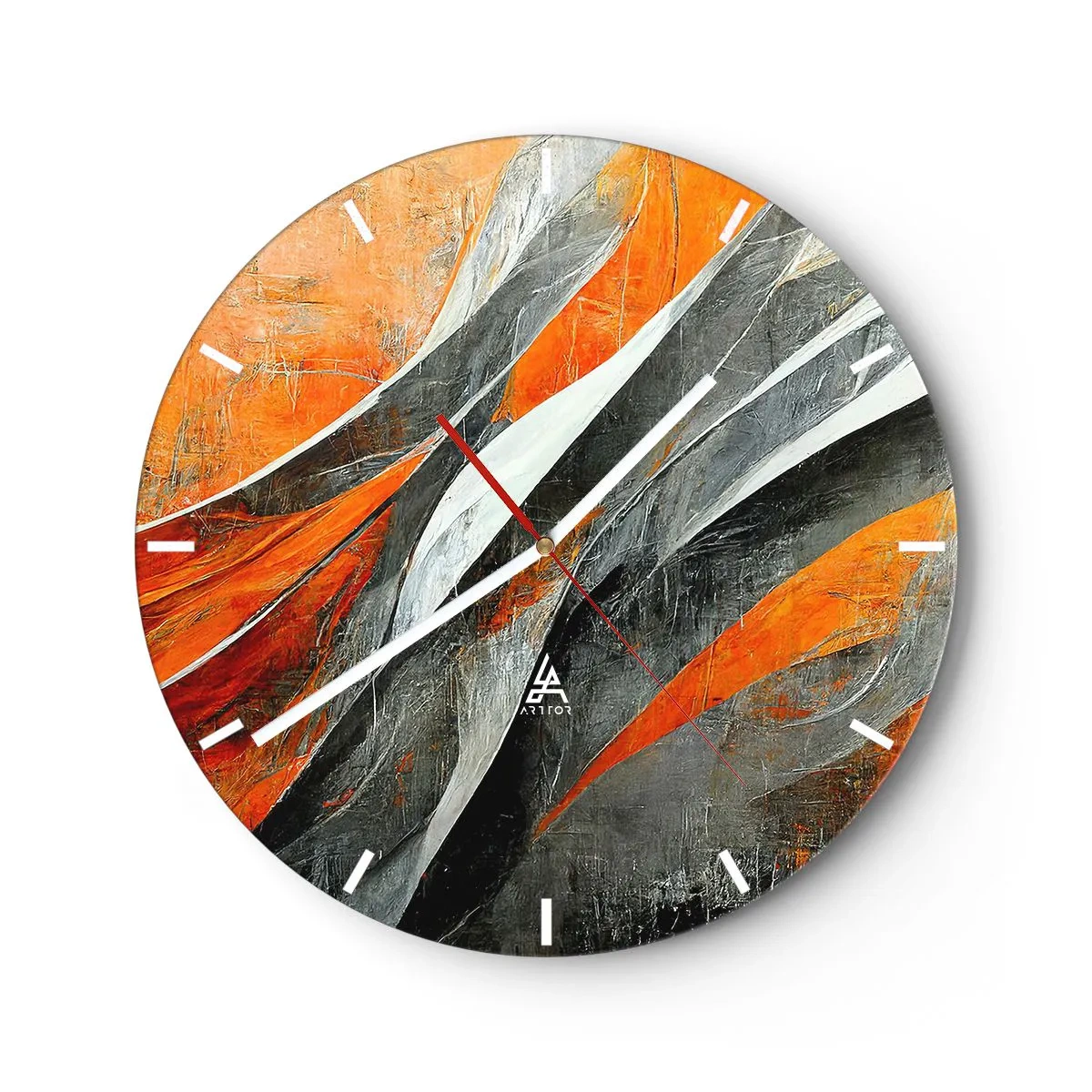 Relógio de parede - Relógio em vidro - Listras dinâmicas de laranja, preto e cinza - 30x30cm - Calor e frio - Decoração de parede moderna para a sala de estar, cozinha e quarto ARTTOR