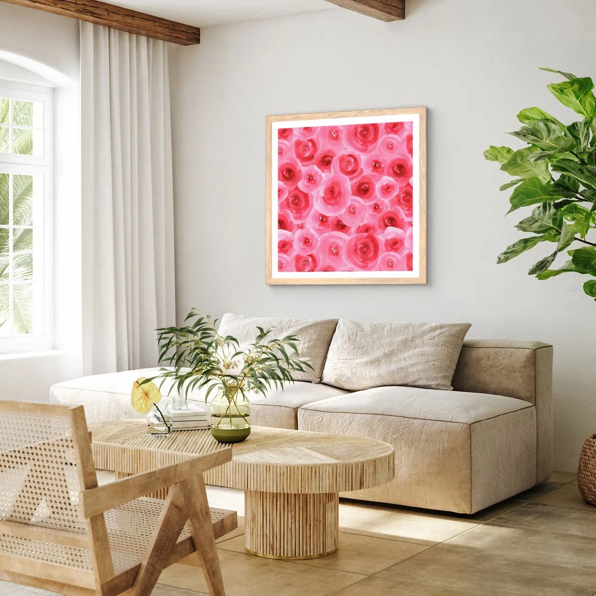 Pôster com moldura de carvalho claro - Rosas acima e abaixo - 50x50 cm