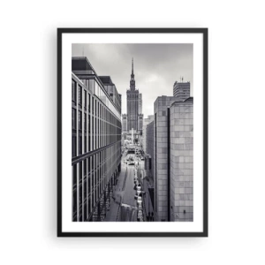 Pôster com moldura preta - Vista do Palácio da Cultura e Ciência em Varsóvia em tons de cinza - 50x70cm - Vale de Varsóvia - Decoração de parede moderna para a sala de estar e quarto ARTTOR
