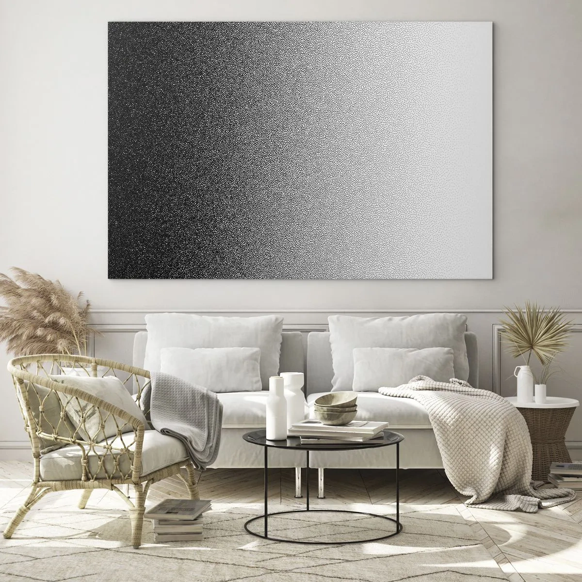 Quadro em vidro - Gradiente preto e branco com efeitos granulados e claros - 70x50cm - Em direção à luz - Decoração de parede moderna para a sala de estar e quarto ARTTOR