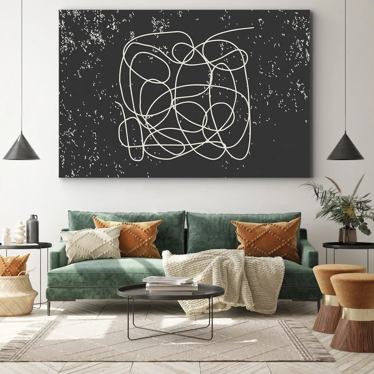 Quadro em tela - Linha abstrata em fundo preto com detalhes finos - 70x50cm - Pensamentos errantes - Decoração de parede moderna para a sala de estar e quarto ARTTOR