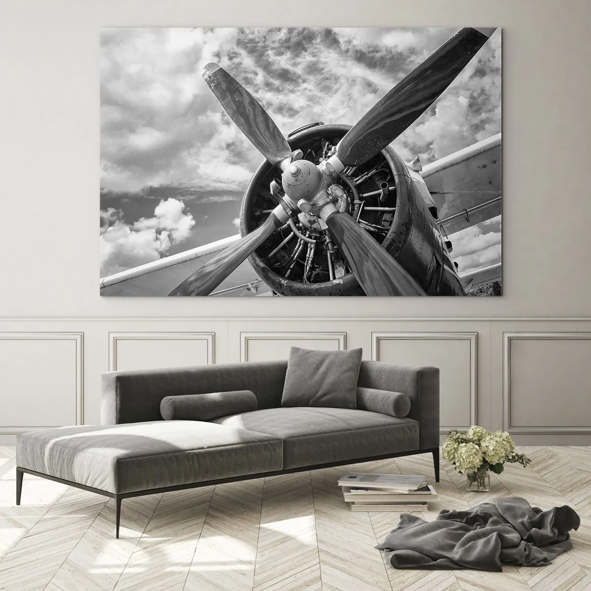 Quadro em vidro - Um close de uma hélice de avião em preto e branco. - 70x50cm - O conquistador dos céus - Decoração de parede moderna para a sala de estar e quarto ARTTOR