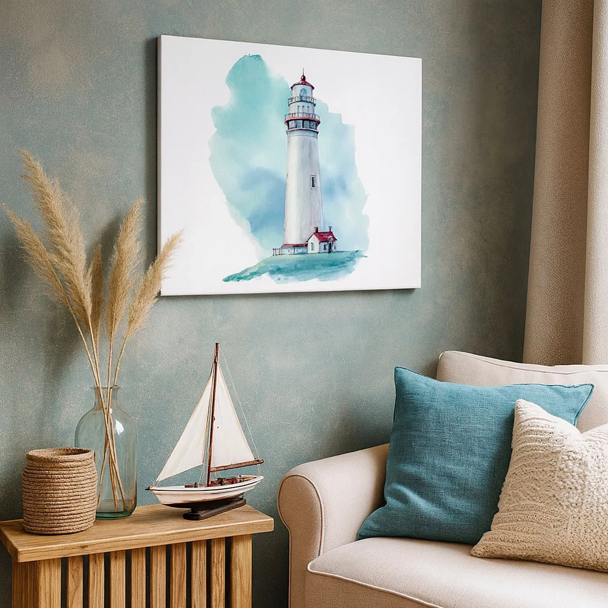 Quadro em tela - Um farol contra um fundo azul aquarela - 70x50cm - A gentil irmã do azul - Decoração de parede moderna para a sala de estar e quarto ARTTOR