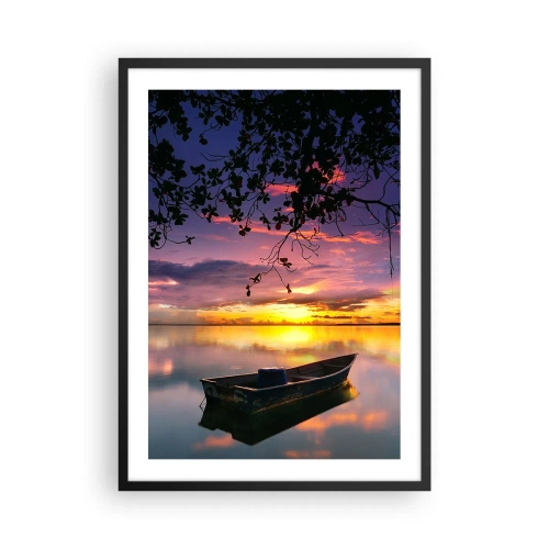 Pôster com moldura preta - Um barco em um lago calmo ao pôr do sol - 50x70cm - Parece que estás pendurado no meio do céu… - Decoração de parede moderna para a sala de estar e quarto ARTTOR