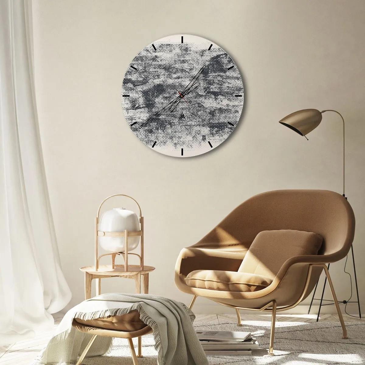 Relógio de parede - Relógio em vidro - Textura em preto e branco com efeito de malha raster - 30x30cm - Composição nebulosa - Decoração de parede moderna para a sala de estar, cozinha e quarto ARTTOR