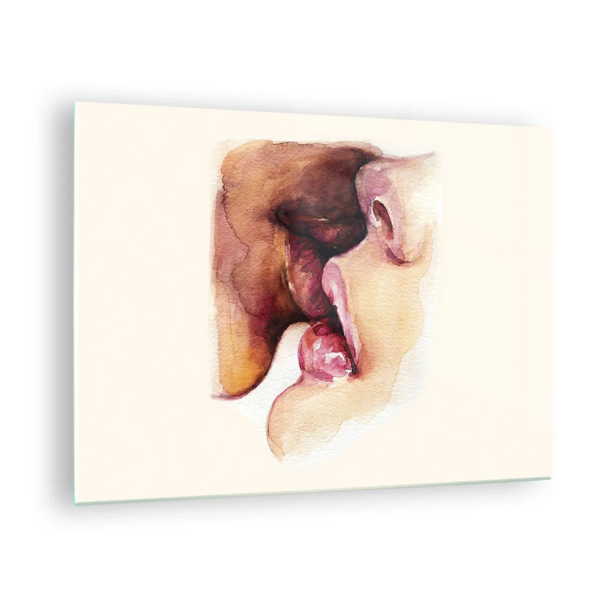 Quadro em vidro - Beijo artístico em aquarela de dois rostos em um fundo claro - 70x50cm - Como a noite e o dia, a terra e o céu - Decoração de parede moderna para a sala de estar e quarto ARTTOR