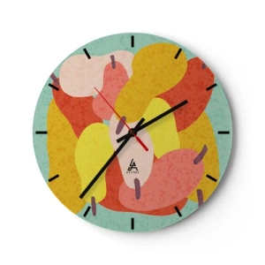 Relógio de parede - Relógio em vidro - Peras coloridas em estilo gráfico sobre fundo turquesa - 30x30cm - Experimente o sol de verão - Decoração de parede moderna para a sala de estar, cozinha e quarto ARTTOR