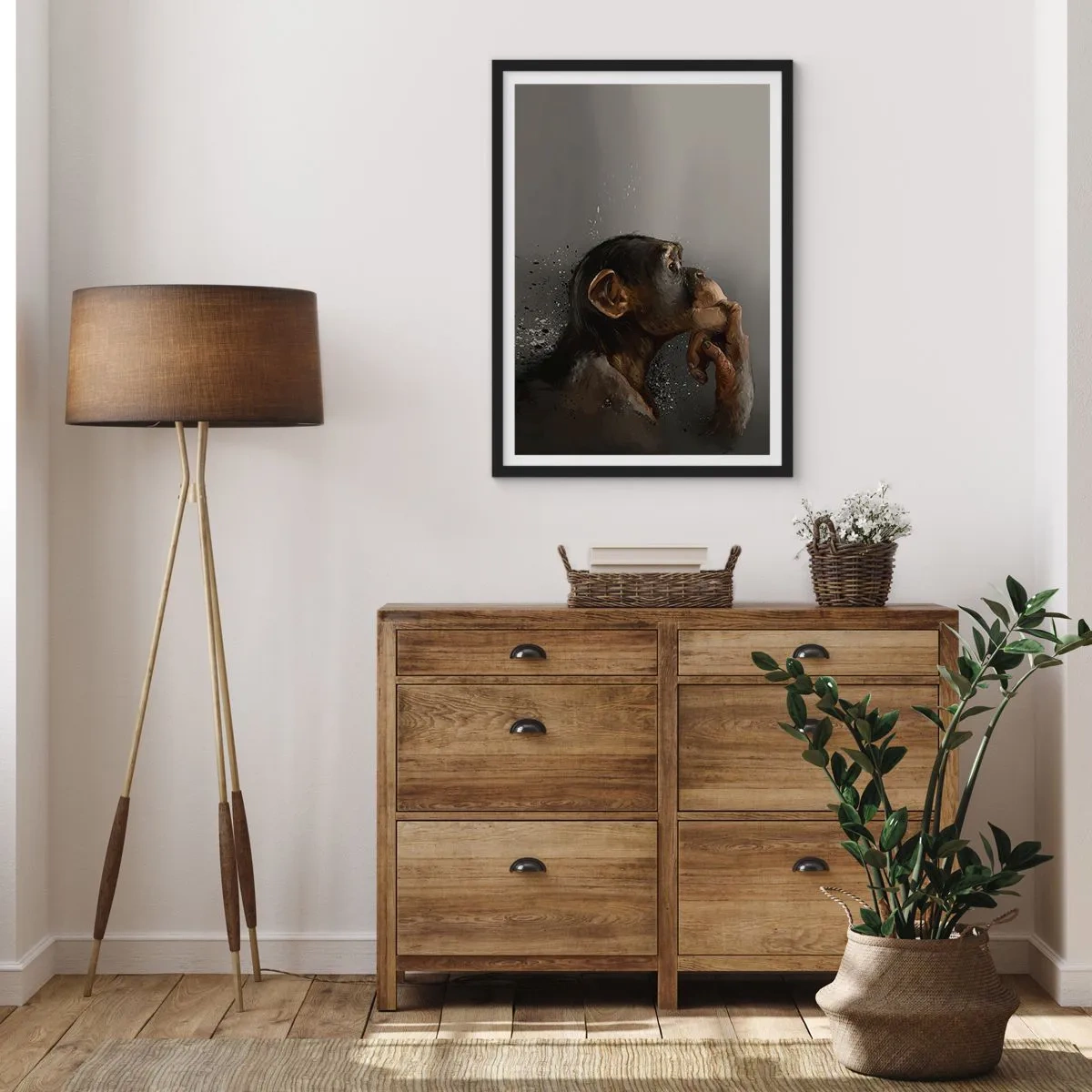 Pôster com moldura preta - Retrato de um macaco pensante em tons suaves de cinza com fundo abstrato - 50x70cm - Certamente um pensador - Decoração de parede moderna para a sala de estar e quarto ARTTOR